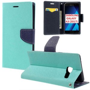 CUSTODIA per SAMSUNG SM-A320 GALAXY A3 (2017) - FLIP ORIZZONTALE CON STAND, INTERNO IN TPU E PORTA CARTE COLORE VERDE ACQUA