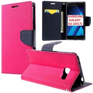 CUSTODIA per SAMSUNG SM-A320 GALAXY A3 (2017) - FLIP ORIZZONTALE CON STAND, INTERNO IN TPU SILICONE E PORTA CARTE COLORE FUCSIA