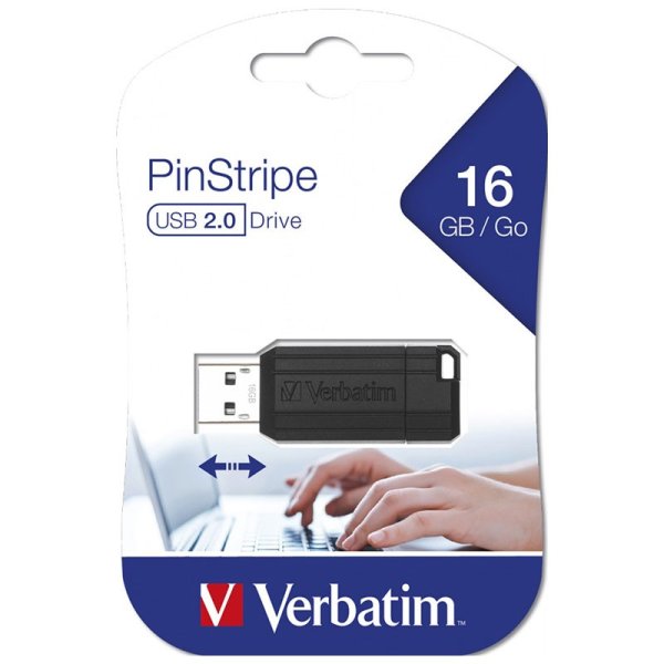 PEN DRIVE 16GB USB 2.0 PINSTRIPE CON MECCANISMO RETRATTILE A SCORRIMENTO E ASOLA DI AGGANCIO 49063 VERBATIM