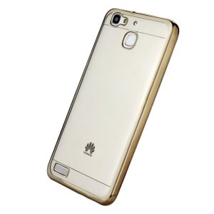 CUSTODIA per HUAWEI P8 LITE SMART, GR3, ENJOY 5S IN GEL TPU SILICONE TRASPARENTE CON CORNICE COLORE ORO