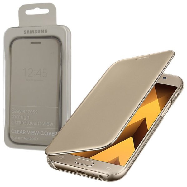 CUSTODIA ORIGINALE per SAMSUNG SM-A520 GALAXY A5 (2017) - CLEAR VIEW CON ACCESSO AL DISPOSITIVO CON COVER CHIUSA ORO BLISTER