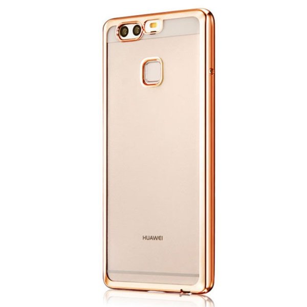 CUSTODIA per HUAWEI P9 PLUS IN GEL TPU SILICONE TRASPARENTE CON CORNICE COLORE ORO