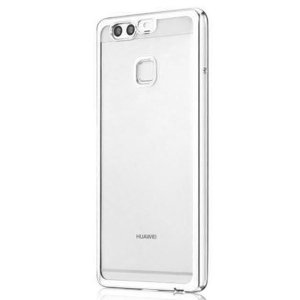 CUSTODIA per HUAWEI P9 PLUS IN GEL TPU SILICONE TRASPARENTE CON CORNICE COLORE SILVER