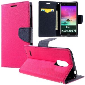 CUSTODIA per LG K10 (2017) - FLIP ORIZZONTALE CON INTERNO IN TPU, STAND, TASCHE PORTA CARTE E CHIUSURA MAGNETICA COLORE FUCSIA