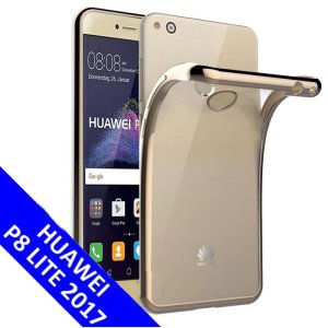 CUSTODIA per HUAWEI P8 LITE 2017, P9 LITE 2017, NOVA LITE, HONOR 8 LITE IN GEL TPU SILICONE TRASPARENTE CON CORNICE COLORE ORO