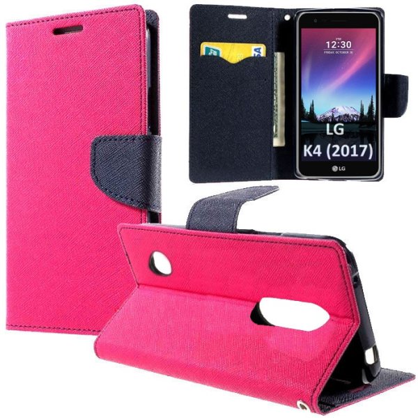 CUSTODIA per LG K4 (2017), M160 - FLIP ORIZZONTALE CON INTERNO IN TPU, STAND, PORTA CARTE E CHIUSURA MAGNETICA COLORE FUCSIA