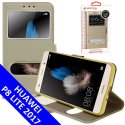 CUSTODIA per HUAWEI P8 LITE 2017, P9 LITE 2017 - FLIP ORIZZONTALE PELLE CON INTERNO IN TPU E DOPPIA FINESTRA ID COLORE ORO MOCCA