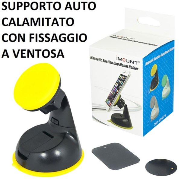 SUPPORTO AUTO UNIVERSALE MAGNETICO CON FISSAGGIO A VENTOSA E ROTAZIONE 360° COLORE NERO E GIALLO