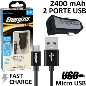 CARICATORE AUTO 2400mAh CON 2 PORTE USB + CAVO MICRO USB - FAST CHARGING (RICARICA VELOCE) COLORE NERO ENERGIZER DCA2BHMC3