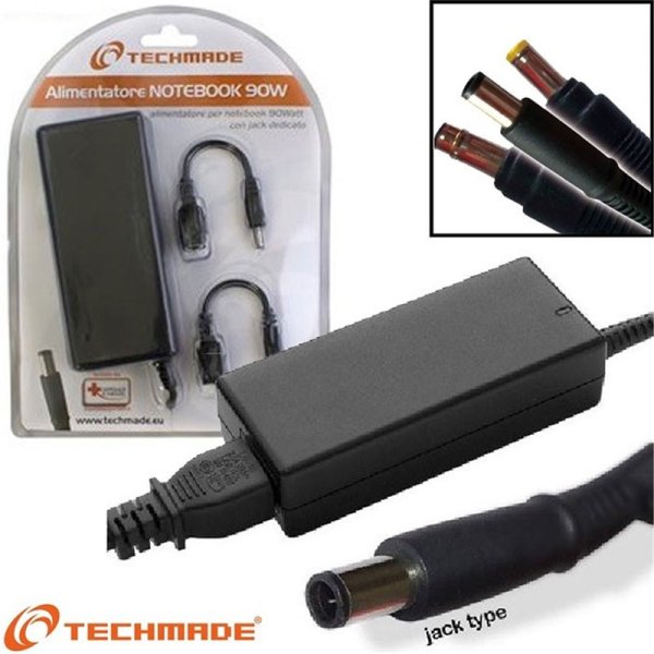 CARICATORE DA RETE UNIVERSALE 90W PER NOTEBOOK CON JACK DEDICATI COLORE NERO TM-ALI90-H TECHMADE SEGUE COMPATIBILITA'..