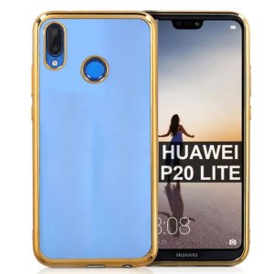 CUSTODIA per HUAWEI P20 LITE IN GEL TPU SILICONE TRASPARENTE CON CORNICE COLORE ORO