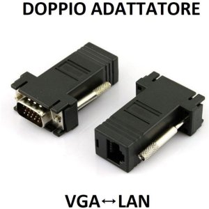 KIT DOPPIO CONVERTITORE DA VGA MASCHIO A PORTA LAN FEMMINA PER COLLEGAMENTO DA PC A MONITOR TRAMITE CAVO LAN COLORE NERO