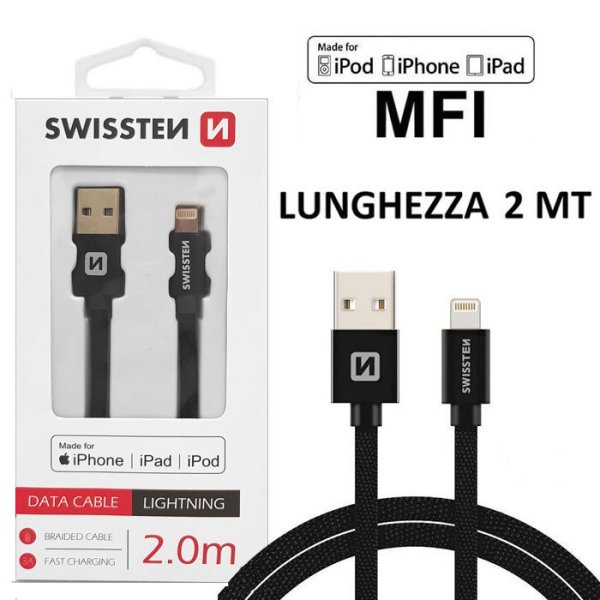 CAVO USB LIGHTNING con CERTIFICATO MFI E CAVO IN TESSUTO - LUNGHEZZA 2 MT COLORE NERO SWISSTEN 71524301 BLISTER