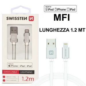 CAVO USB LIGHTNING con CERTIFICATO MFI E CAVO IN TESSUTO - LUNGHEZZA 1.2 MT COLORE SILVER SWISSTEN 71524203 BLISTER