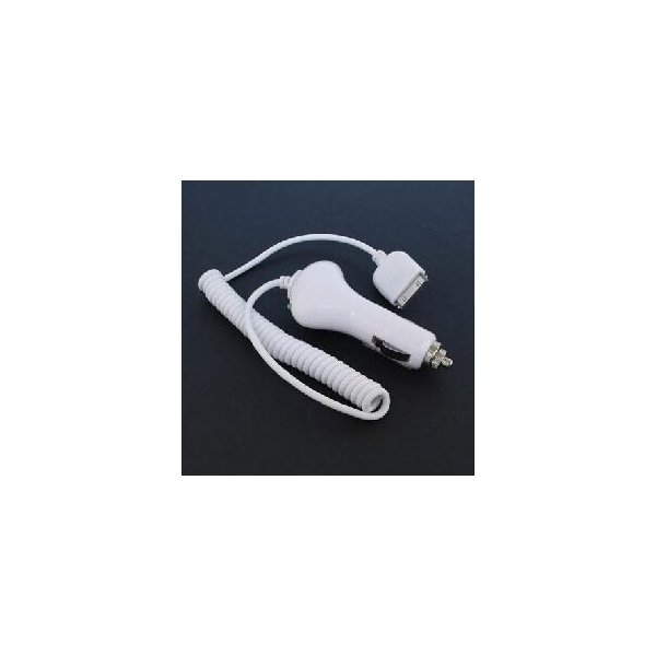 CARICATORE AUTO 1000mAh CON CONNETTORE 30 PIN PER DISPOSITIVI APPLE - CAVO A SPIRALE COLORE BIANCO (CA27.IPHONE)