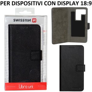 CUSTODIA FLIP ORIZZONTALE SIMILPELLE UNIVERSALE NERA con FISSAGGIO ADESIVO DIMENSIONI 158 X 80 mm MISURA "XL" SWISSTEN