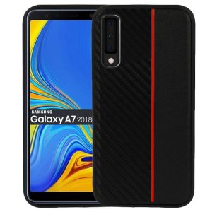 CUSTODIA per SAMSUNG GALAXY A7 2018 (SM-A750) IN GEL TPU SILICONE COLORE NERO EFFETTO CARBONIO CON INSERTO ROSSO