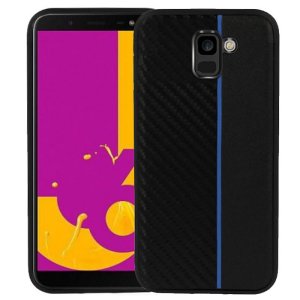 CUSTODIA per SAMSUNG GALAXY J6 2018 (SM-J600F) IN GEL TPU SILICONE COLORE NERO EFFETTO CARBONIO CON INSERTO BLU