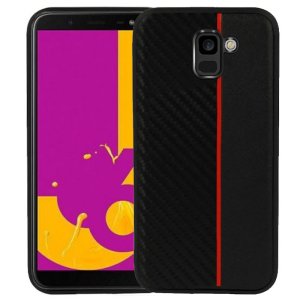 CUSTODIA per SAMSUNG GALAXY J6 2018 (SM-J600F) IN GEL TPU SILICONE COLORE NERO EFFETTO CARBONIO CON INSERTO ROSSO