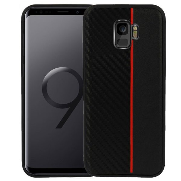 CUSTODIA per SAMSUNG GALAXY S9 (SM-G960) IN GEL TPU SILICONE COLORE NERO EFFETTO CARBONIO CON INSERTO ROSSO