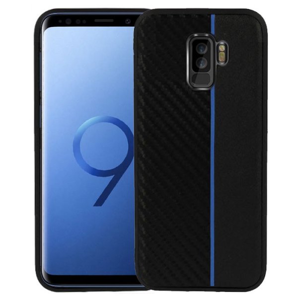 CUSTODIA per SAMSUNG GALAXY S9 PLUS (SM-G965) IN GEL TPU SILICONE COLORE NERO EFFETTO CARBONIO CON INSERTO BLU