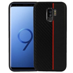 CUSTODIA per SAMSUNG GALAXY S9 PLUS (SM-G965) IN GEL TPU SILICONE COLORE NERO EFFETTO CARBONIO CON INSERTO ROSSO