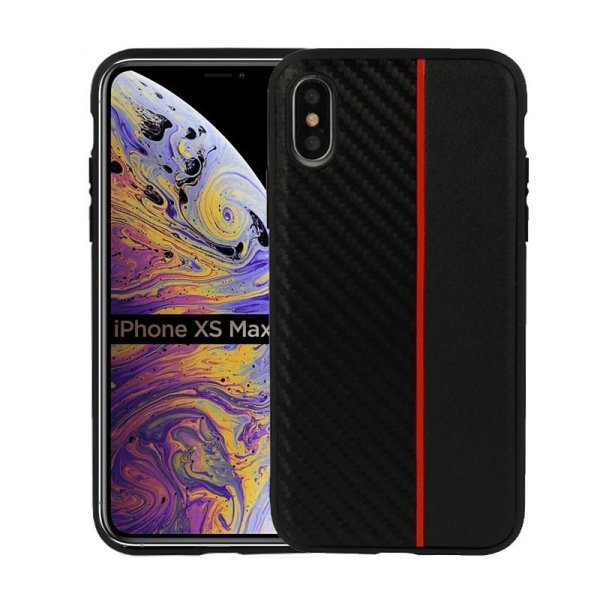 CUSTODIA per APPLE IPHONE XS MAX (6.5") IN GEL TPU SILICONE COLORE NERO EFFETTO CARBONIO CON INSERTO ROSSO