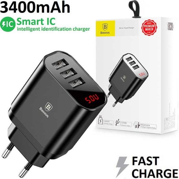 CARICATORE RETE 3400mAh CON 3 PORTE USB (FAST), SISTEMA DI RICARICA INTELLIGENTE E DISPLAY COLORE NERO CCALL-BH01 BASEUS