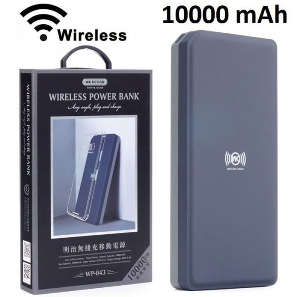 POWER BANK 10.000 mAh WIRELESS CON 2 PORTE USB E INDICATORE LED DI RICARICA NERO E GRIGIO WP-043 WK DESIGN