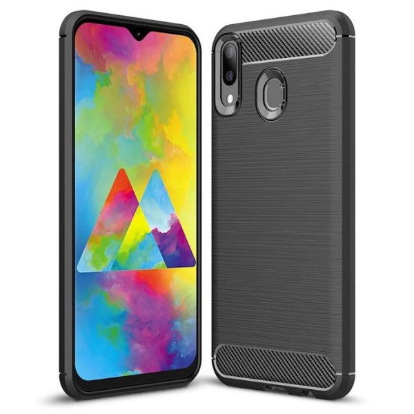 CUSTODIA per SAMSUNG GALAXY M20 (SM-M205) IN GEL TPU SILICONE EFFETTO METALLICO CON INSERTI IN FANTASIA CARBONIO COLORE NERO