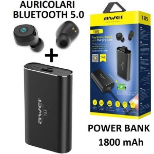 AURICOLARI BLUETOOTH 5.0 CON POWER BANK 1.800 mAh INTEGRATA, RIDUZIONE DEL RUMORE E RAGGIO D'AZIONE FINO A 10 MT NERO AWEI