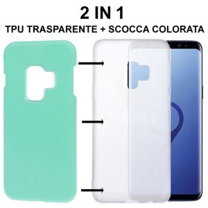 CUSTODIA per SAMSUNG GALAXY S9 (SM-G960) - 2 IN 1: GEL TPU SEMITRASPARENTE + SCOCCA RIGIDA RIMOVIBILE COLORE VERDE ACQUA