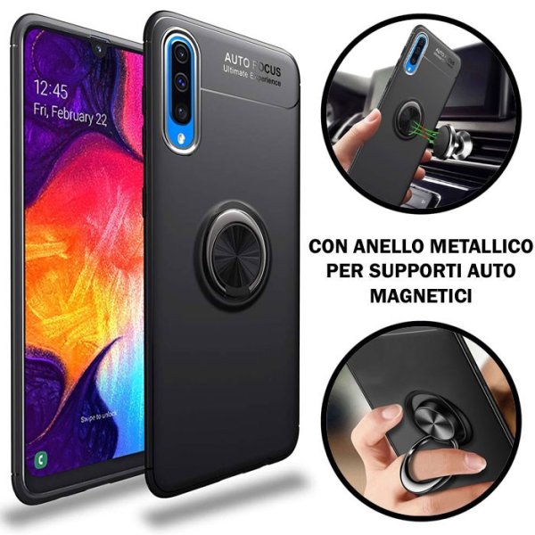 CUSTODIA per SAMSUNG GALAXY A50 (SM-A505), A30s (SM-A307), A50s (SM-A507) IN GEL TPU CON SUPPORTO ANELLO METALLICO GIREVOLE NERO