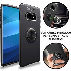 CUSTODIA per SAMSUNG GALAXY S10 (SM-G973) IN GEL TPU SILICONE CON SUPPORTO AD ANELLO METALLICO GIREVOLE COLORE NERO