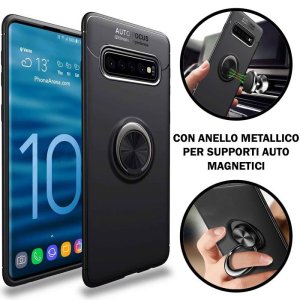 CUSTODIA per SAMSUNG GALAXY S10 PLUS (SM-G975) IN GEL TPU SILICONE CON SUPPORTO AD ANELLO METALLICO GIREVOLE COLORE NERO