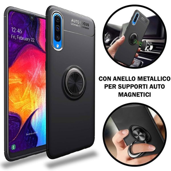 CUSTODIA per SAMSUNG GALAXY A70 (SM-A705), GALAXY A70s (SM-A707) GEL TPU CON SUPPORTO AD ANELLO METALLICO GIREVOLE COLORE NERO