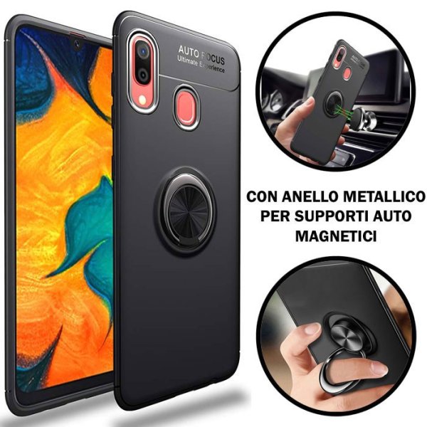 CUSTODIA per SAMSUNG GALAXY A30 (A305), A20 (A205) IN GEL TPU SILICONE CON SUPPORTO AD ANELLO METALLICO GIREVOLE COLORE NERO