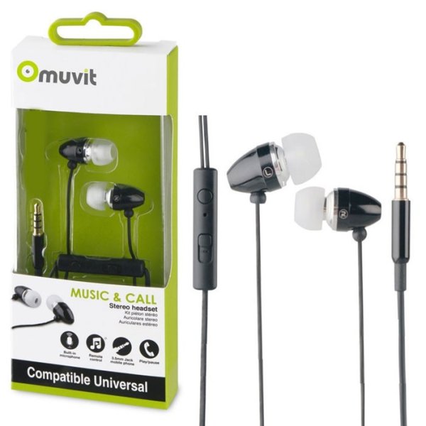 AURICOLARE STEREO con CONNETTORE JACK 3,5mm - GOMMINI, TASTO DI RISPOSTA E MICROFONO COLORE NERO MUVIT MUHPH0016