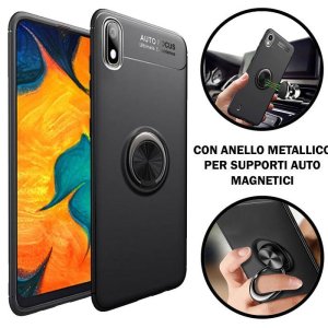 CUSTODIA per SAMSUNG GALAXY A10 (SM-A105) IN GEL TPU SILICONE CON SUPPORTO AD ANELLO METALLICO GIREVOLE COLORE NERO