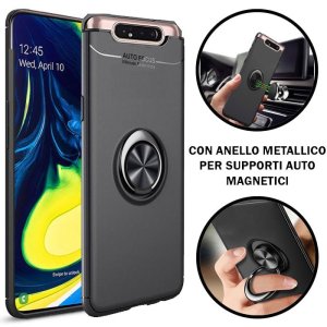 CUSTODIA per SAMSUNG GALAXY A80 (SM-A805), A90 IN GEL TPU SILICONE CON SUPPORTO AD ANELLO METALLICO GIREVOLE COLORE NERO