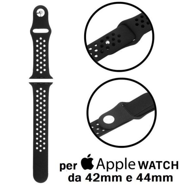 CINTURINO DA POLSO IN SILICONE TRAFORATO CON CHIUSURA PIN-AND-TUCK PER APPLE WATCH DA 42MM e 44MM COLORE NERO