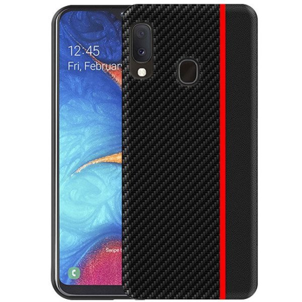 CUSTODIA per SAMSUNG GALAXY A20e (SM-A202) IN GEL TPU SILICONE COLORE NERO EFFETTO CARBONIO CON INSERTO ROSSO