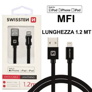 CAVO USB LIGHTNING con CERTIFICATO MFI E CAVO IN TESSUTO - LUNGHEZZA 1.2 MT COLORE NERO SWISSTEN 71524201 BLISTER