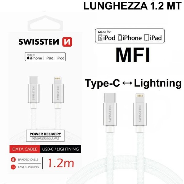 CAVO LIGHTNING / TYPE-C 3.1 con CERTIFICATO MFI E CAVO IN TESSUTO - LUNGHEZZA 1.2 MT SILVER SWISSTEN 71526203