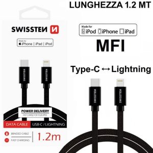 CAVO USB LIGHTNING / TYPE-C 3.1 con CERTIFICATO MFI E CAVO IN TESSUTO - LUNGHEZZA 1.2 MT NERO SWISSTEN 71526201