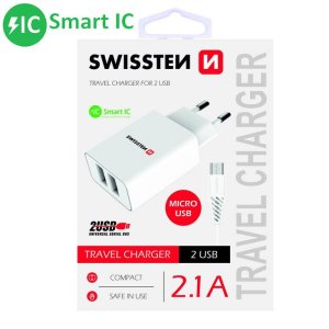 CARICATORE DA RETE 2100mAh CON 2 PORTE USB + CAVO MICRO USB - LUNGHEZZA 1,2 MT CON SMART IC COLORE BIANCO 22051000 SWISSTEN