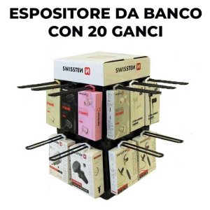 ESPOSITORE GIREVOLE DA BANCO IN CARTONE PLASTIFICATO CON PANNELLI FORATI PER Pz.20 GANCI (INCLUSI) SWISSTEN