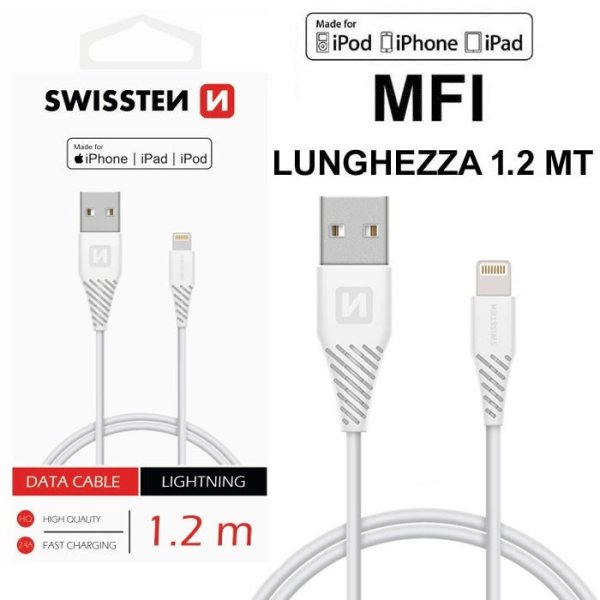 CAVO USB LIGHTNING con CERTIFICATO MFI - LUNGHEZZA 1.2 MT COLORE BIANCO 71526501 SWISSTEN BLISTER