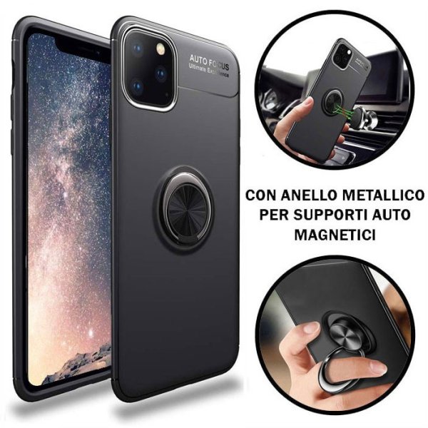 CUSTODIA per APPLE IPHONE 11 PRO MAX (6.5") IN GEL TPU SILICONE CON SUPPORTO AD ANELLO METALLICO GIREVOLE COLORE NERO