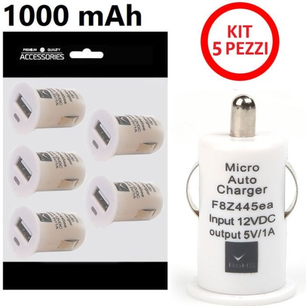 CARICATORE AUTO MINI 1000mAh CON 1 PORTA USB COLORE BIANCO CONFEZIONATO IN BUSTINA KIT 5 PEZZI (CAUSB.MINI.BI.KIT5)